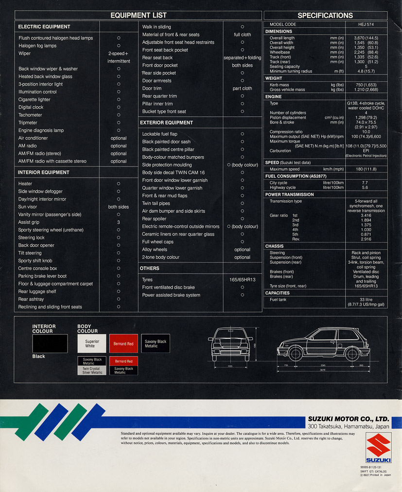 Suzuki Swift II 1.3 GTi specs, dimensions